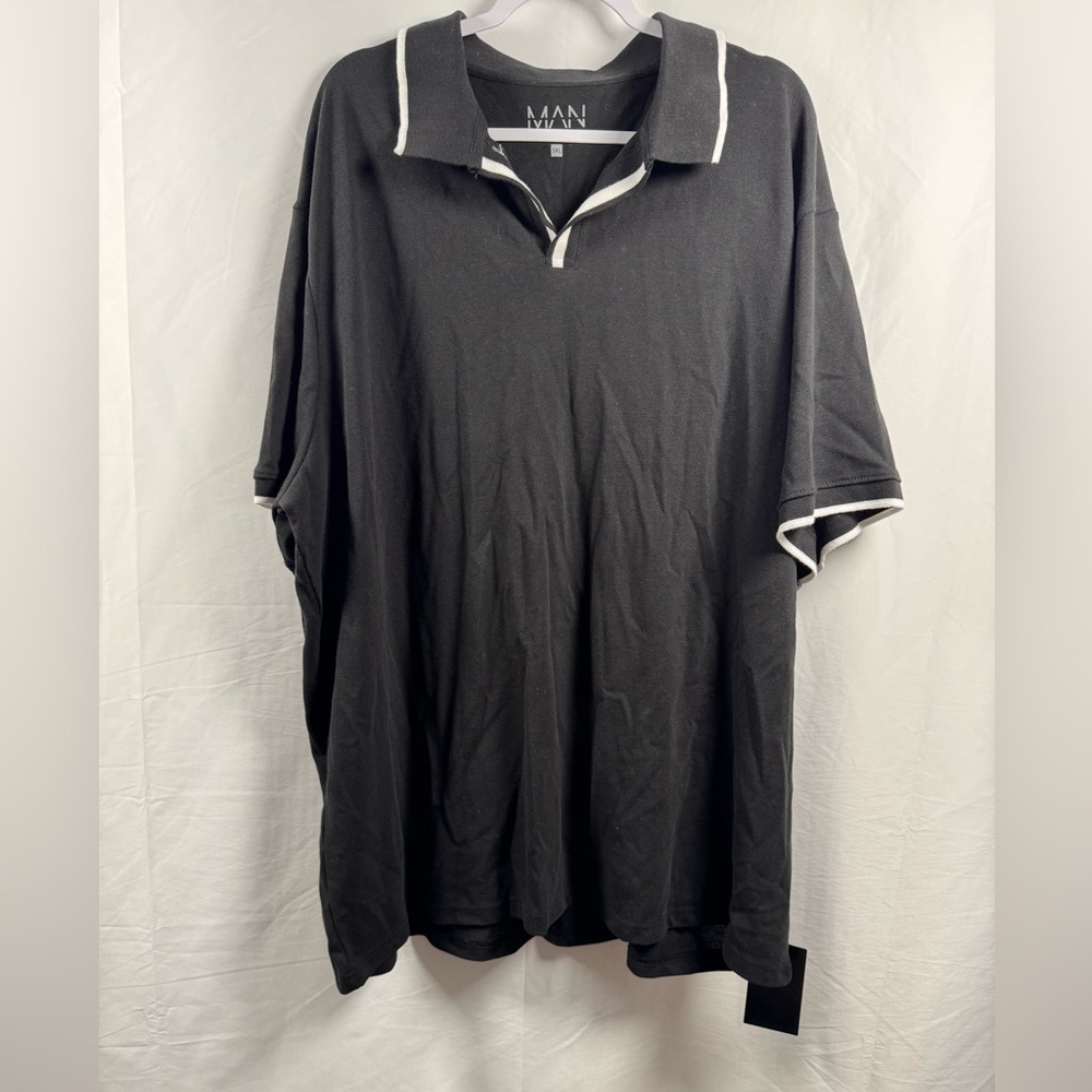 Boohooman Men's Plus Slim Revere Pique Tipped Black Polo With White Trim 5XL